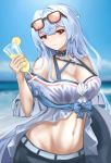  1girl arknights ascter bangs bare_shoulders blue_sky breasts choker cleavage cloud commentary cup day drinking_glass eyewear_on_head food fruit hand_up head_tilt highres holding holding_cup large_breasts lemon lemon_slice long_hair looking_at_viewer midriff navel ocean off-shoulder_shirt off_shoulder red_eyes shirt short_sleeves silver_hair skadi_(arknights) sky solo stomach sunglasses upper_body white_shirt 