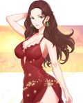  arm_behind_head arm_up breasts brown_hair cleavage collarbone covered_navel covered_nipples dorothea_arnault dress earrings fire_emblem fire_emblem:_three_houses green_eyes highres jewelry large_breasts long_hair looking_at_viewer red_dress side_slit smile truejekart 