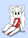  anthro asian_clothing barefoot blanca_(nicky_illust) breasts canid canine canis chinese_clothing chinese_dress cleavage clothed clothing domestic_dog dress east_asian_clothing female fluffy fluffy_tail fur hair hi_res long_hair mammal nicky_illust nordic_sled_dog red_clothing red_dress samoyed simple_background solo spitz white_body white_fur white_hair 