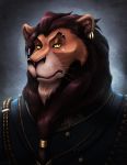  accessory anthro bust_portrait clothed clothing corrsk digital_media_(artwork) disney ear_piercing ear_ring felid fur hair_accessory hi_res jewelry lion looking_at_viewer male mammal mane pantherine piercing portrait scar scar_(the_lion_king) simple_background solo the_lion_king uniform 
