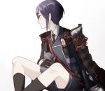  1boy animal armor black_gloves black_legwear black_neckwear cat closed_mouth gloves gradient gradient_background japanese_armor katana male_focus necktie pauldrons purple_eyes purple_hair sheath sheathed shoulder_armor sitting siya_ho sleeping smile sword touken_ranbu uniform weapon yagen_toushirou 