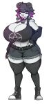 anthro big_breasts black_hair bottomwear bovid breasts caprine clothing facial_piercing female footwear goat hair hi_res horn huge_breasts legwear mammal nose_piercing nose_ring piercing purple_eyes ring_piercing shirt shoes shorts solo stockings tai_(zak_hitsuji) topwear white_body zak_hitsuji