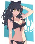  1girl :o absurdres animal_ears arm_up bikini black_bikini black_hair blake_belladonna breasts cat_ears cat_girl front-tie_top highres large_breasts long_hair navel open_mouth rwby solo stomach swimsuit wavy_hair zackmyst 