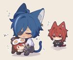  2boys :3 ^^^ animal_costume animal_ear_fluff animal_ears antenna_hair black_coat black_footwear black_gloves black_necktie black_pants black_shirt blue_hair blush cat_boy cat_ears cat_tail chibi closed_eyes closed_mouth coat collared_shirt commentary_request diluc_(genshin_impact) eyepatch fingerless_gloves genshin_impact gloves grey_background hair_between_eyes hair_intakes hair_over_shoulder hug jealous kaeya_(genshin_impact) koma_(km_mmmk) lapels long_hair long_sleeves low_ponytail male_focus mini_person miniboy multicolored_hair multiple_boys necktie one_eye_covered open_clothes open_coat owl_costume pants parted_bangs ponytail red_eyes red_hair shirt sidelocks simple_background sitting sleeves_rolled_up smile streaked_hair swept_bangs tail u_u v-shaped_eyebrows white_shirt 