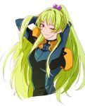  1girl bangs bodysuit green_hair hands_in_hair heeparang long_hair long_ponytail looking_to_the_side mia_lilienthal one_eye_closed pilot_suit purple_eyes restol_special_rescue_squad solo upper_body very_long_hair white_background 