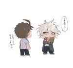  2boys ahoge amam0_0iii black_pants brown_hair chibi danganronpa_(series) danganronpa_2:_goodbye_despair green_jacket grey_hair grey_shirt highres hinata_hajime jacket komaeda_nagito male_focus medium_hair messy_hair multiple_boys open_clothes open_jacket pants shirt short_hair short_sleeves speech_bubble translation_request triangle_mouth 