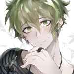  1boy amami_rantaro blue_shirt brooch closed_mouth collarbone danganronpa_(series) danganronpa_v3:_killing_harmony dated ear_piercing earrings fingernails gleam green_eyes green_hair hair_between_eyes hand_on_own_chin jewelry light_blush light_particles looking_at_viewer male_focus messy_hair nervous nervous_smile pendant piercing ring shirt short_hair signature single_earring smile solo striped_clothes striped_shirt stud_earrings sweatdrop u_u_ki_u_u upper_body wavy_mouth white_background 