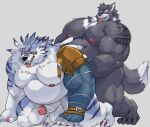  absurd_res anthro balls bandai_namco big_balls big_pecs blush canid canine canis digimon digimon_(species) duo erection genitals hi_res humanoid_genitalia humanoid_penis lucusold male male/male mammal muscular muscular_male nipples nude overweight overweight_male pecs penis simple_background tongue tongue_out weregarurumon wolf 