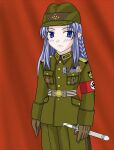  1girl armband blue_eyes blue_hair fate/stay_night fate_(series) german_clothes germany holding holding_knife knife medal medea_(fate) military_uniform non-web_source nymph pointy_ears red_armband uniform world_war_ii 