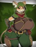  absurd_res anthro armwear belt big_breasts bottomwear breasts brown_body brown_eyes clothing female hi_res hood huge_breasts mammal mouse murid murine notched_ear pants rodent scarf shirt solo tail topwear zak_hitsuji 
