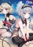  2girls absurdres azur_lane bangs bare_shoulders beach beret black_hairband black_legwear blonde_hair blue_eyes blue_sky blush cloud commentary copyright_name crab day english_commentary eyebrows_visible_through_hair frown grey_hair hairband hat highres huge_filesize indian_style long_hair looking_at_viewer low_twintails multiple_girls outdoors purple_eyes satchely short_hair sitting sky smile tail thighhighs twintails u-522_(azur_lane) water wrist_cuffs z23_(azur_lane) 