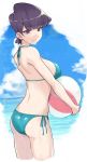  1girl aqua_bikini ass ayatak0517 ball bare_arms bare_shoulders beachball bikini black_hair breasts commentary_request highres holding holding_ball holding_beachball komi-san_wa_komyushou_desu komi_shuuko large_breasts looking_at_viewer purple_eyes short_hair side-tie_bikini smile solo swimsuit water_drop 