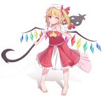  1girl ascot bare_legs barefoot blonde_hair crystal_wings dress flandre_scarlet frilled_dress frills full_body hashi2387 hat hat_ribbon highres laevatein_(touhou) one_eye_closed puffy_short_sleeves puffy_sleeves red_eyes red_ribbon ribbon short_sleeves side_ponytail simple_background solo touhou white_background white_mob_cap yellow_ascot 