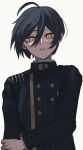  1boy absurdres ahoge black_hair black_jacket buttons danganronpa_(series) danganronpa_v3:_killing_harmony double-breasted hair_between_eyes highres jacket long_sleeves saihara_shuichi short_hair simple_background solo striped_clothes striped_jacket teeth toga_no upper_body white_background yellow_eyes 