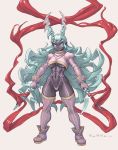  1girl blood breasts dagger dark_skin dual_wielding facial_mark gloves green_eyes green_hair grey_background hair_horns highres holding holding_dagger holding_weapon horns long_hair navel nonneim o-ring original pink_footwear pink_gloves pink_legwear pointy_ears puffy_sleeves signature simple_background single_horn slit_pupils solo standing striped striped_legwear underboob very_long_hair weapon 