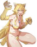  :d animal_ear_fluff animal_ears bangs blonde_hair bow_(bhp) breasts claws commentary english_commentary frederica_baumann fur green_eyes jewelry large_breasts long_hair looking_at_viewer navel nude open_mouth paws pendant re:zero_kara_hajimeru_isekai_seikatsu sharp_teeth simple_background smile tail teeth thick_eyebrows white_background yellow_fur 