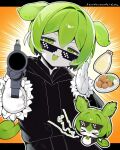  1girl black_jacket black_pants blush commentary_request deal_with_it_(meme) eyewear_on_head food fried_chicken green_eyes green_hair gun highres holding holding_gun holding_weapon jacket looking_at_viewer mayonnaise me2lto_o meme momiage_wo_shakaage_wo pants plate revolver short_hair sunglasses translation_request upper_body voiceroid voicevox weapon whistle zundamon 