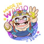  1boy anniversary bebe_0620 big_nose blue_footwear blue_shirt cleft_chin clenched_hand facial_hair fingerless_gloves gloves looking_at_viewer mustache open_mouth pants pink_pants pointy_ears shirt simple_background star_(symbol) thick_eyebrows wario warioware yellow_gloves 