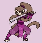  anthro breasts brown_body brown_fur female fluffy fluffy_tail fur haplorhine hijackerdraws_(artist) holding_object holding_weapon mammal melee_weapon monkey primate red_eyes simple_background solo sword weapon 