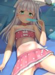  1girl bikini blush clothes_writing collarbone cowboy_shot eyebrows_visible_through_hair food green_eyes highres holding holding_food kantai_collection legs_apart long_hair maestrale_(kantai_collection) moose_(moosemitchell2) navel pink_bikini polka_dot polka_dot_bikini popsicle silver_hair solo swimsuit 