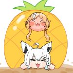  2girls ahoge animal_ear_fluff animal_ears blonde_hair braid commentary_request earrings food fox_ears fox_girl fruit hair_between_eyes highres hololive jewelry long_hair lying multicolored_hair multiple_girls on_stomach open_mouth pineapple pointy_ears shirakami_fubuki shiranui_flare sidelocks single_braid streaked_hair virtual_youtuber wck white_hair 