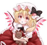 1girl black_bow black_bowtie black_ribbon bow bowtie cowboy_shot crystal_wings flandre_scarlet from_above hat hat_ribbon highres light_blush looking_at_viewer neck_ribbon open_mouth ribbon ruby-pancake simple_background solo stuffed_animal stuffed_toy teddy_bear touhou white_background white_mob_cap 