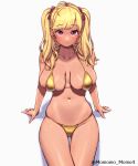  1girl ahoge bare_shoulders bikini blonde_hair blush breasts commentary dark-skinned_female dark_skin english_commentary gold_bikini highres large_breasts looking_at_viewer navel nijisanji purple_eyes sitting solo swimsuit takamiya_rion tan twintails virtual_youtuber yoshiwa_tomo 