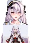  1girl :p absurdres black_bow blush bow closed_mouth earrings hair_bow hat highres honkai_(series) honkai_impact_3rd jacket jewelry long_hair looking_at_viewer peaked_cap picture_frame pyeong-il_pyeongil red_eyes smile solo theresa_apocalypse theresa_apocalypse_(luna_kindred) theresa_apocalypse_(lunar_vow:_crimson_love) tongue tongue_out twintails upper_body very_long_hair white_background white_hair white_jacket 