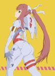  1girl absurdres ass bodysuit breasts brown_hair cosplay darling_in_the_franxx doki_doki_literature_club green_eyes hair_ribbon highres long_hair looking_at_viewer looking_back medium_breasts monika_(doki_doki_literature_club) pilot_suit ponytail ribbon rover_rabbit_(doz668) skin_tight smile solo white_bodysuit white_ribbon zero_two_(darling_in_the_franxx) zero_two_(darling_in_the_franxx)_(cosplay) 