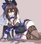 1girl animal_ears aqua_eyes arm_support arm_under_breasts assault_lily bare_shoulders black_hairband black_leotard blue_bow blue_bowtie blue_flower blue_gloves blue_rose blush bow bowtie breasts brown_background brown_thighhighs cleavage commentary_request covered_nipples detached_collar elbow_gloves fake_animal_ears feet_out_of_frame fingerless_gloves flower frilled_leotard frills garter_straps gloves gradient_bow grey_bow hair_between_eyes hair_bow hairband hand_up high_ponytail highres leotard long_bangs long_hair looking_at_viewer neni_hatahachi official_alternate_costume parted_lips playboy_bunny ponytail rabbit_ears raised_eyebrows rose see-through serizawa_chikaru shadow sidelocks simple_background sitting smile solo strapless strapless_leotard teeth thigh_gap thighhighs two-tone_bow upper_teeth_only very_long_hair wide_hips 