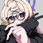  1girl absurdres ahoge black-framed_eyewear black_gloves black_jacket blonde_hair blue_archive blush glasses gloves grey_background halo highres jacket kotama_(blue_archive) kuzuuo long_hair long_sleeves looking_at_viewer open_mouth purple_eyes purple_halo simple_background solo upper_body 