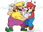  2boys angry artist_name blue_eyes blue_overalls brown_footwear brown_hair clenched_teeth collar_grab facial_hair fat from_side gloves green_footwear hat mario mario_(series) multiple_boys muscular muscular_male mustache overalls purple_overalls red_hat red_shirt shirt simple_background teeth wario white_background white_gloves ya_mari_6363 yellow_hat yellow_shirt 