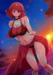  1girl beach bikini breasts glowing_lines highres homura_(xenoblade_2) large_breasts looking_down navel ponponmaru red_eyes red_hair short_hair smile solo sunset swimsuit xenoblade_(series) xenoblade_2 