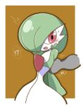  !? bob_cut colored_skin dress envi55109095 gardevoir grabbing_another&#039;s_arm green_hair hair_over_one_eye highres multicolored_skin open_clothes out_of_frame pink_eyes pokemon pokemon_(creature) simple_background two-tone_skin white_dress white_skin 