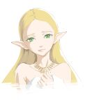  1girl bare_shoulders blonde_hair dress green_eyes hand_on_own_chest hashiguchi_takashi highres jewelry light_smile looking_at_viewer necklace parted_lips pointy_ears princess_zelda solo the_legend_of_zelda the_legend_of_zelda:_breath_of_the_wild upper_body white_dress 