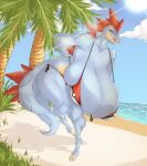  anthro beach bent_over big_breasts bikini blue_body breasts claws clothing dullvivid female feraligatr generation_2_pokemon hanging_breasts hi_res huge_breasts looking_at_viewer nintendo open_mouth palm_tree plant pokemon pokemon_(species) red_eyes scales solo sun swimwear thick_thighs toe_claws tree 