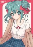  1girl absurdres blue_skirt brown_jacket character_name double_bun green_eyes green_hair hair_bun hair_ribbon hatsune_miku highres ikezworks jacket looking_at_viewer red_ribbon ribbon shirt sidelocks skirt solo two-tone_background unmoving_pattern vocaloid white_shirt 