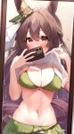  1girl absurdres alternate_costume animal_ears bikini blurry blurry_background blush breasts brown_hair cellphone cleavage highres holding holding_phone horse_ears horse_girl large_breasts lifted_by_self looking_at_viewer mirror navel phone satono_diamond_(umamusume) selfie shirt shumai_il simple_background swimsuit umamusume 