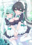  2girls ahoge angel_wings apron black_dress black_hair blush bow bowtie breast_press breasts closed_mouth clover_hair_ornament colored_inner_hair commentary_request dress frilled_apron frilled_dress frills garter_straps green_bow green_bowtie green_eyes green_hair hair_bun hair_ornament halo highres holding_hands large_breasts leg_up long_hair looking_at_viewer maid maid_apron maid_headdress mikaze_oto mini_wings multicolored_hair multiple_girls one_eye_closed open_mouth original short_sleeves smile streaked_hair symmetrical_docking thighhighs white_thighhighs white_wrist_cuffs wings wrist_cuffs 
