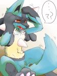  ? anthro blue_body blue_fur bodily_fluids brown_eyes canid canine cheek_tuft chest_spike chest_tuft confused_look confusion facial_tuft fangs fur hand_on_head hand_spike implied_transformation inner_ear_fluff lucario male mammal nintendo open_mouth pawpads pink_pawpads pok&eacute;mon pok&eacute;mon_(species) shaded sitting solo species_transformation spikes spikes_(anatomy) sweat tongue transformation tuft video_games じゅうっとん 