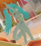 3d_(artwork) alternate_species anthro anthrofied attifyon_(artist) bikini blender_(artwork) blue_body blue_eyes blue_fur blue_hair clothing digital_media_(artwork) felid feline female fur furrification gold_bikini hair happy hatsune_miku mammal solo swimwear tail vocaloid