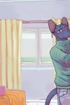  bastriw bed bedroom clothing comic courtains domestic_cat felid feline felis furniture hi_res inside male mammal pato_(bastriw) purple_eyes solo window 