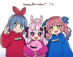  3girls alternate_costume animal_ears blue_eyes blue_hair blue_hoodie blue_ribbon blush closed_mouth colored_inner_hair dated fang frilled_hairband frills gradient_hair hair_ornament hair_ribbon hairband happy_birthday highres hikimayu holding holding_stuffed_toy hood hood_down hoodie indie_virtual_youtuber long_hair long_sleeves looking_at_viewer multicolored_hair multiple_girls omega_rei omega_rio omega_sisters open_mouth pink_eyes pink_hair pink_hoodie rabbit_ears rabbit_girl red_hair red_hairband red_hoodie ribbon short_hair side-by-side simple_background skin_fang smile stuffed_toy sumikawa_(sumikawa8v) tomari_mari twintails upper_body v v-shaped_eyebrows virtual_youtuber white_background x_hair_ornament yellow_eyes 