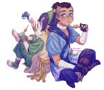  1boy 1girl absurdres avatar:_the_last_airbender avatar_legends barefoot blue_eyes blush byghostface eating hair_between_eyes hair_bun heart high_ponytail highres jewelry leaning_on_person sitting slit_pupils sokka toph_bei_fong vertical_pupils 