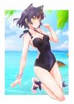  1girl animal_ears beach black_hair blake_belladonna bow bracelet cat_ears covered_navel highres iesupa jewelry one-piece_swimsuit rwby sandals short_hair solo swimsuit yellow_eyes 