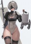  1girl 2b_(nier:automata) black_blindfold black_hairband blindfold breasts cleavage covered_eyes enpe gloves hairband highres large_breasts leotard mole mole_under_mouth nier:automata nier_(series) pod_(nier:automata) puffy_sleeves short_hair solo thighhighs thighs white_hair white_leotard 
