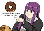  1girl black_coat blunt_bangs coat commentary doughnut dress english_text fern_(sousou_no_frieren) food long_hair long_sleeves open_clothes open_coat pointing purple_eyes purple_hair simple_background solo sousou_no_frieren tenten_(chan4545) truth upper_body white_background white_dress 