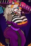 anthro big_breasts breasts canid canine canis clothing costume day_of_the_dead dress female grey_body grey_hair hair halloween halloween_costume hat headgear headwear helluva_boss hi_res holidays loona_(helluva_boss) mammal red_eyes solo tongue wolf zak_hitsuji