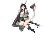  1girl :t ahoge bangs black_footwear black_hair boots bottomless braid breasts cleavage damaged fur-trimmed_jacket fur_trim general_liu_(girls_frontline) girls_frontline gloves gun hat high_heel_boots high_heels holding holding_gun holding_weapon jacket large_breasts long_hair military military_uniform navel official_art pouch pout shuaiaba single_braid solo sword tears torn_clothes transparent_background uniform very_long_hair weapon white_gloves 