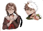  1boy 1girl :o ahoge amam0_0iii braid brown_hair cropped_torso danganronpa:_trigger_happy_havoc danganronpa_(series) fukawa_toko glasses green_eyes green_hoodie grey_sailor_collar hands_up hood hood_down hoodie long_sleeves naegi_makoto neckerchief pointing pointing_at_viewer red_neckerchief round_eyewear sailor_collar short_hair simple_background sweatdrop teeth tongue twin_braids twintails upper_body white_background 